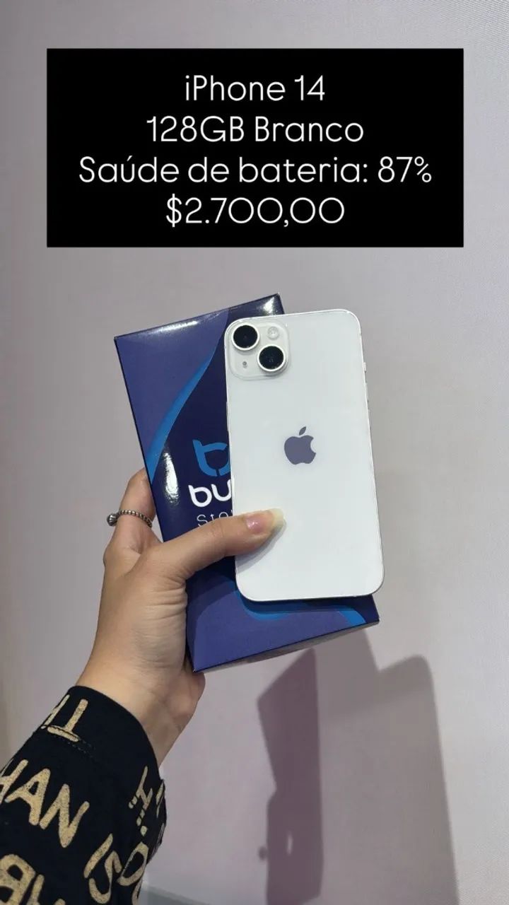 iPhone 14 / 128GB / Branco / Saúde de bateria 87% / R$ 2.700,00