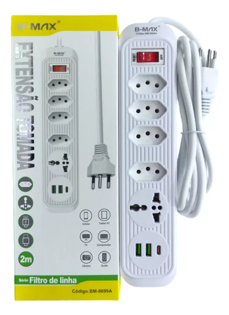 Extensão Filtro De Linha 5 Tomadas 2usb 1type-c Universal - Foto 3