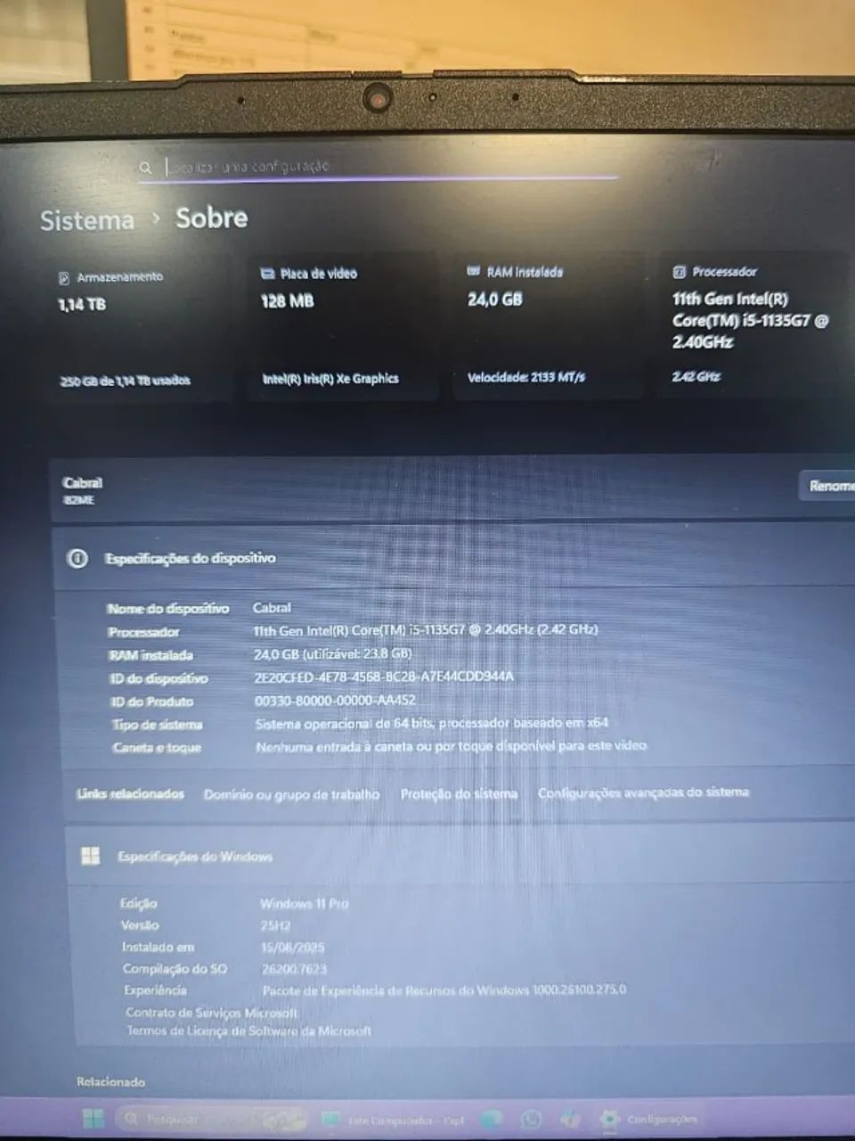 Notebook lenovo i5 11° com 24gb de Ram - hd de 1tb e ssd de 256gb