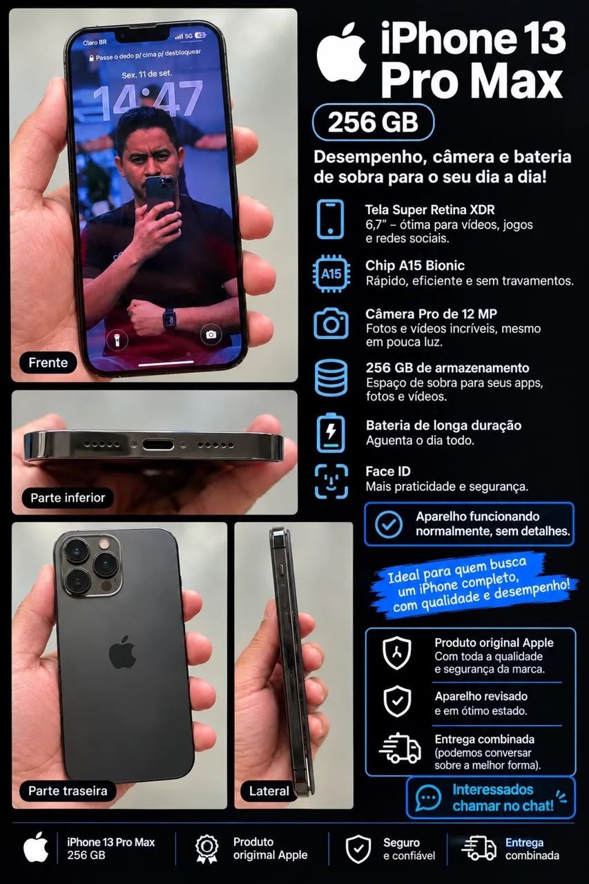 ? iPhone 13 Pro Max 256GB - IMPECÁVEL! (Aceito Troca c/ Volta) ?