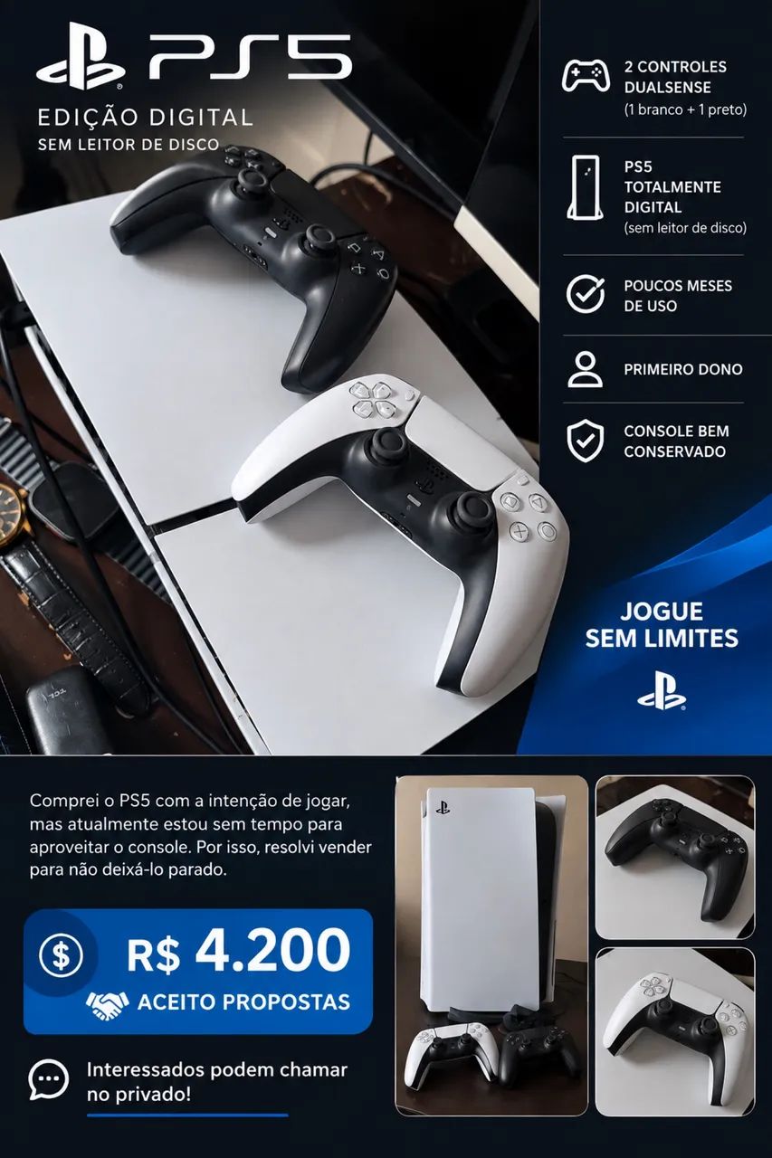 PS5 Digital 825 de memória com dois controles 