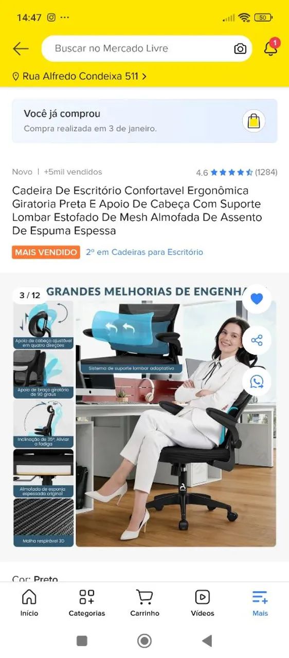 Cadeira escritório ergométrica giratória preta nova na caixa  - Foto 3