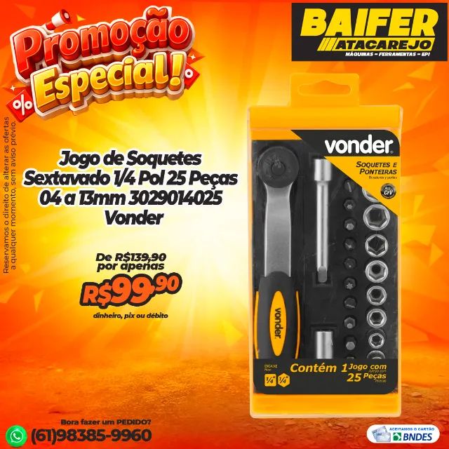 Jogo de Soquetes Sextavado 1/4 Pol 25 Peças 04 a 13mm 3029014025 Vonder