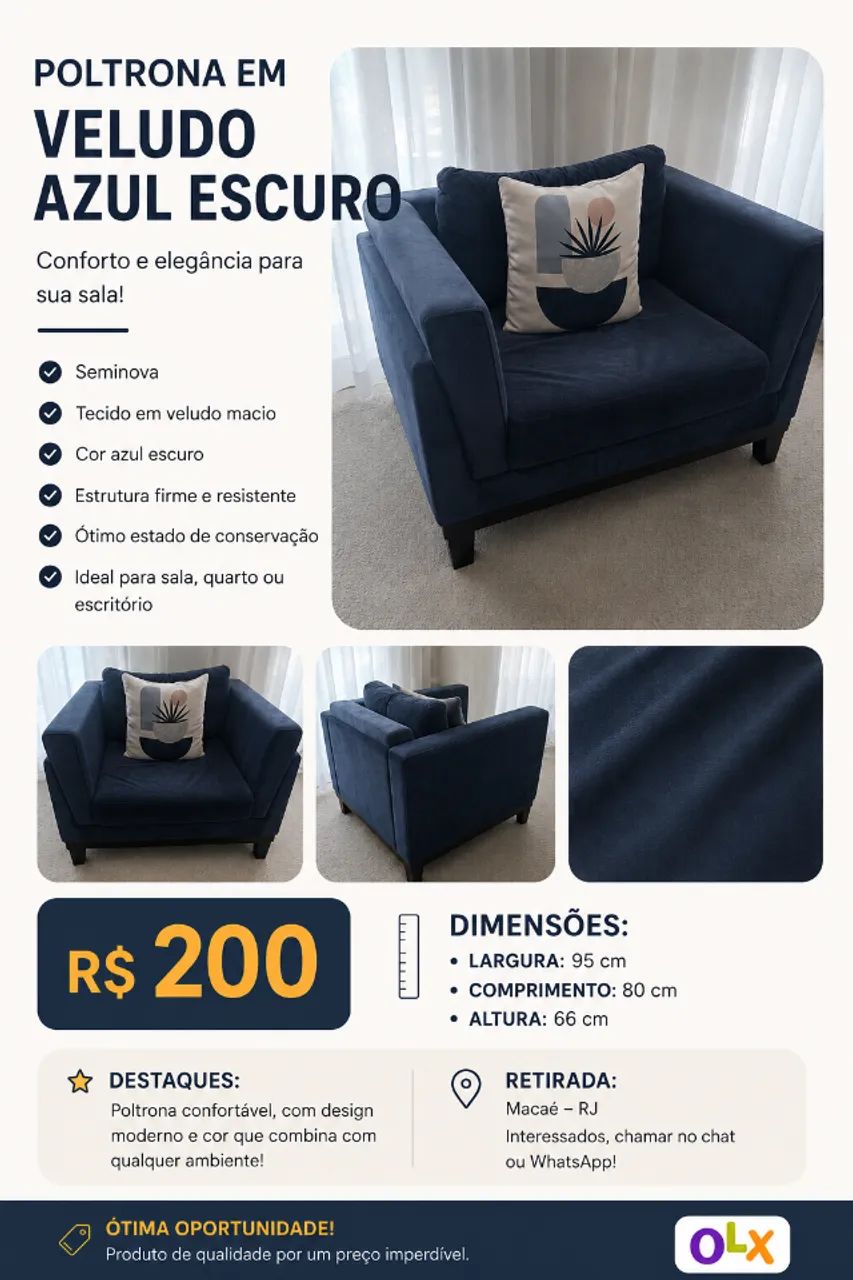 Poltrona em Veludo Azul Escuro