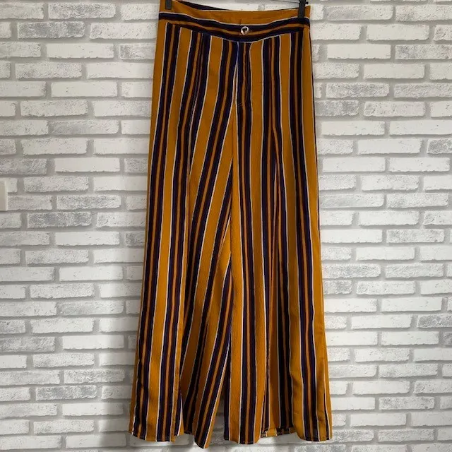 Calça Pantalona Listrada Zinzane Mostarda e Azul Tamanho M