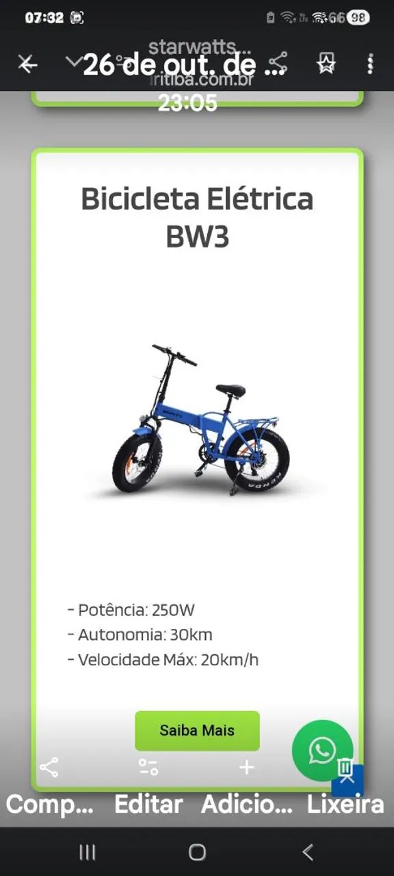 BICICLETA ELÉTRICA WATTS BW3 350 WTS DOBLAVEL ARO 20 PNEU LARGO NOVA OFERTA IMPERDIVEL. - Foto 3