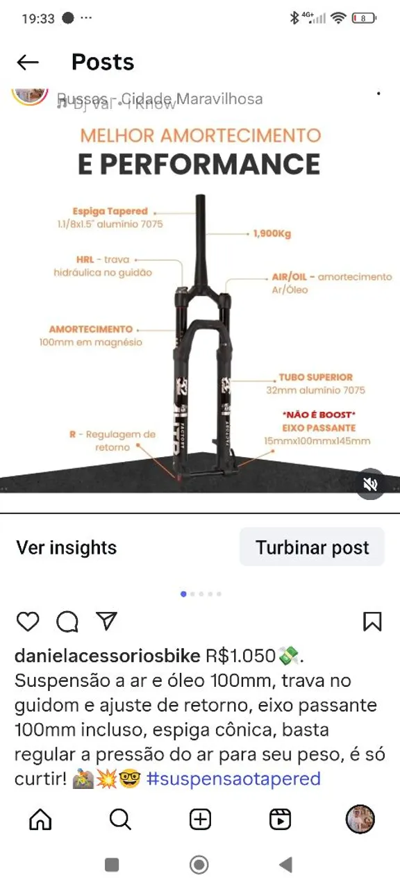 Suspensão a ar e óleo 100mm c/ trava guidão e ajuste