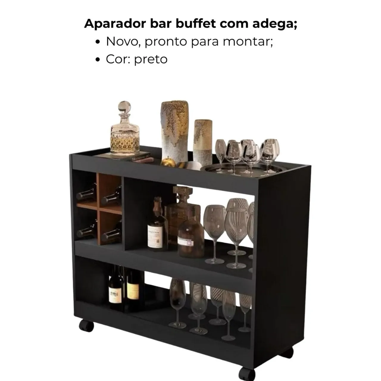 Aparador Bar Buffet Preto c/ Adega - Novo!