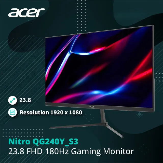 Monitor 23.8" Gamer Acer Nitro QG240Y S3BIPX, Full HD, Painel VA, 180Hz, 1ms, AMD FreeSync