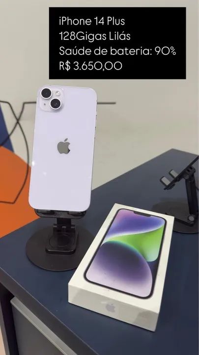 iPhone 14 Plus 128GB Lilás - Saúde da bateria: 90%. / Aparelho
