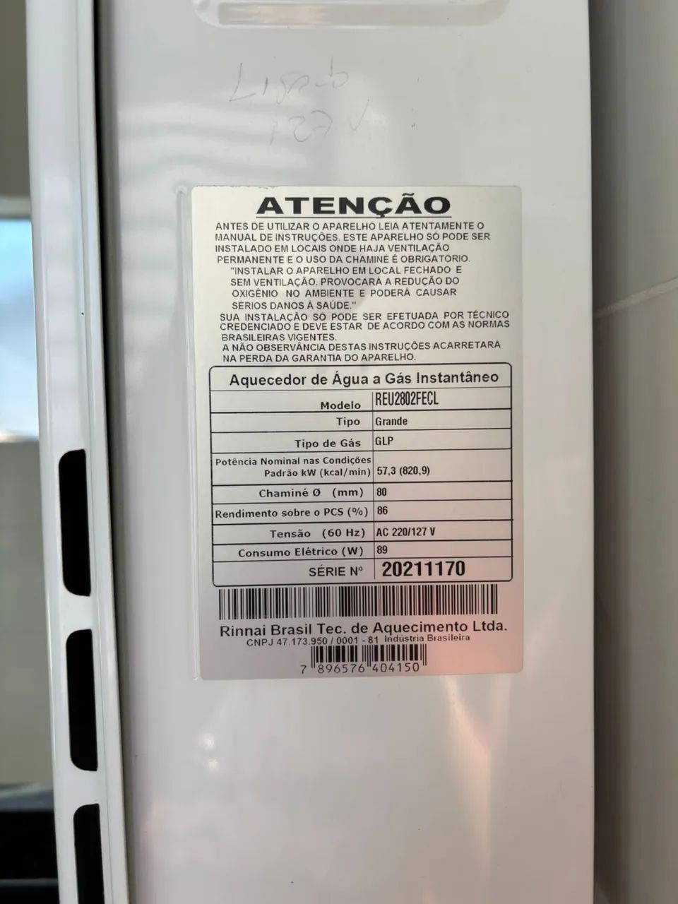 Aquecedor de agua Rinnai   35 litros