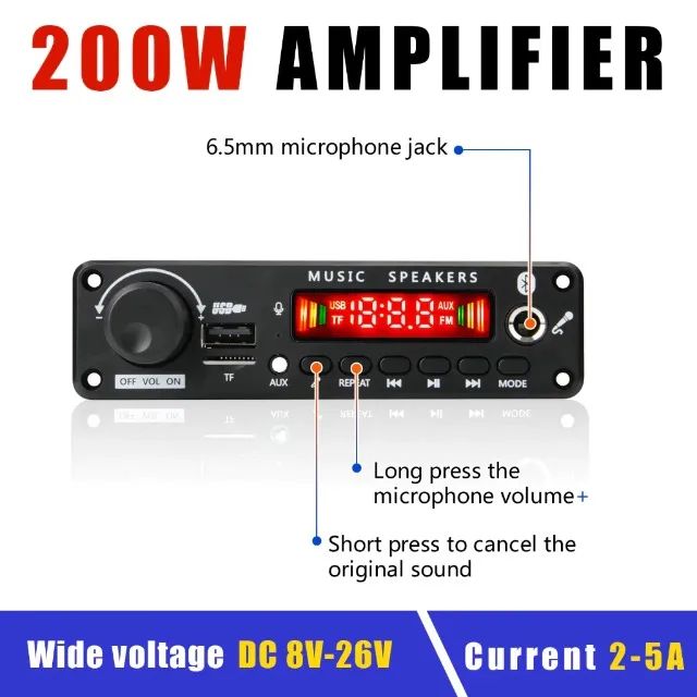 Placa MP3 Amplificada Bluetooth 200w Karaokê