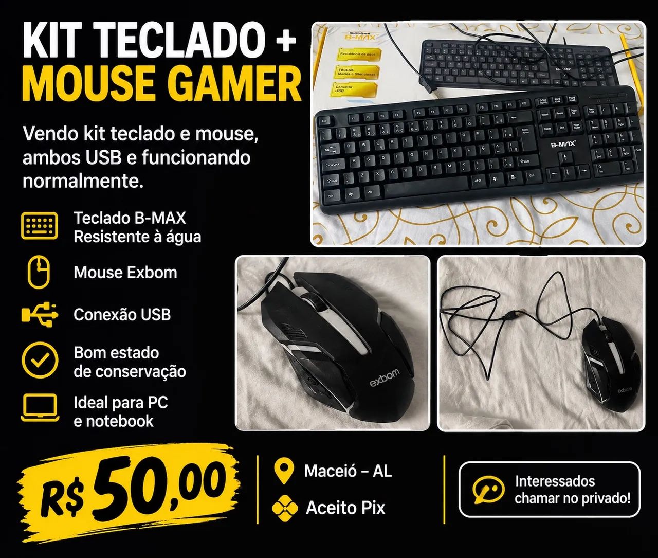 Kit Teclado B-MAX + Mouse Exbom USB - R$ 50