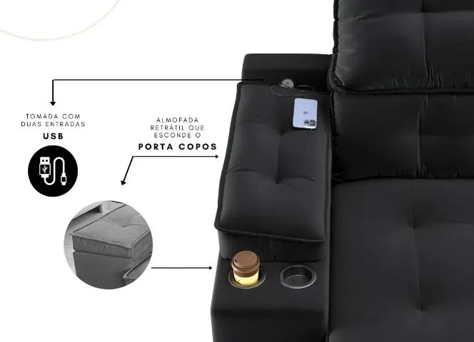 Sofá Santiago 2,30m com Carregador USB e Porta Copos Retrátil e Reclinável - Foto 4