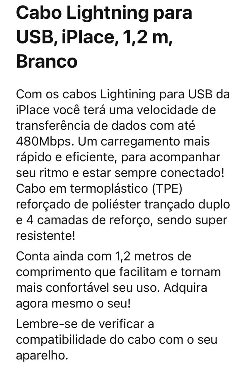 Cabo Lightning para USB, iPlace, 1,2 m, Branco - Foto 5