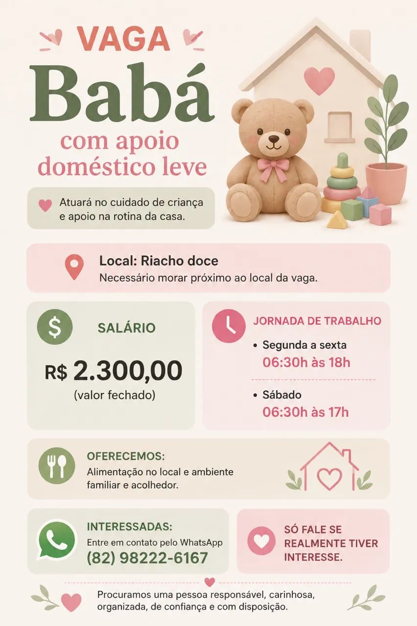 Vaga de babá com apoio doméstico 