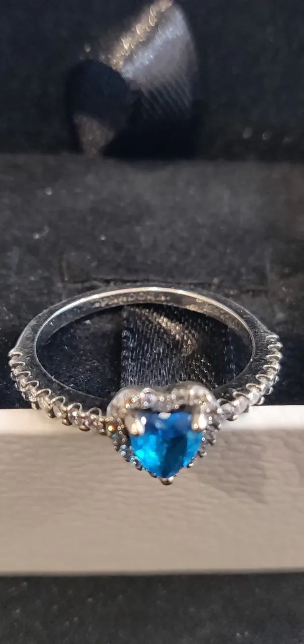 Anel Pandora Coração Azul Elevado Prata Cristal Azul - Foto 3