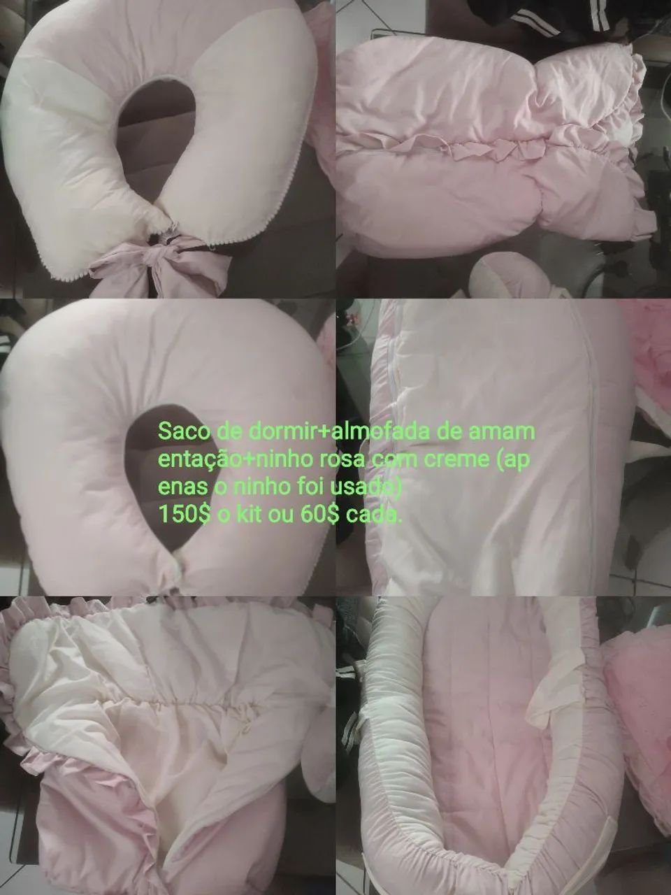 Ninho+ almofada de amamentação+saco de dormir rosa com creme