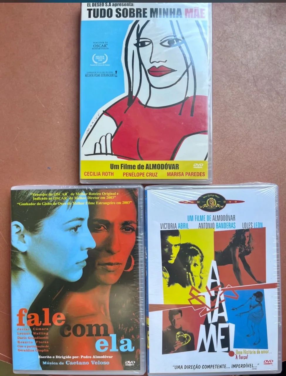 3 DVDs Almodóvar lacrados: Atame, Tudo sobre minha mãe e Fale com ela 
