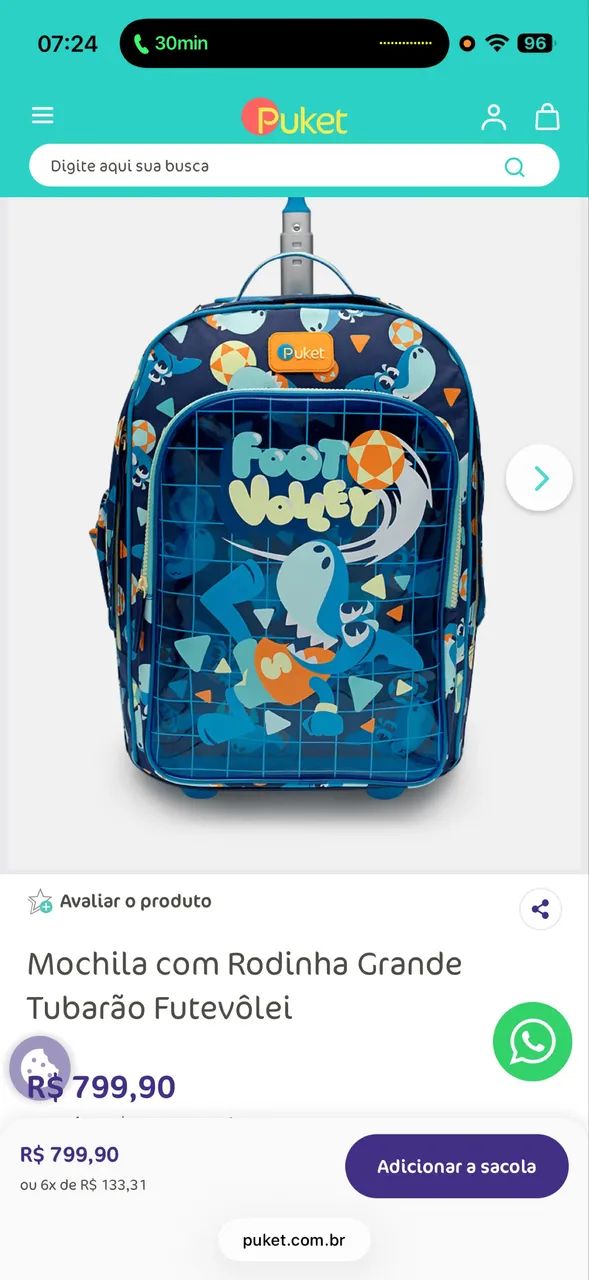 Bolsa Puket escolar com Rodinha Grande Tubarão Futevôlei