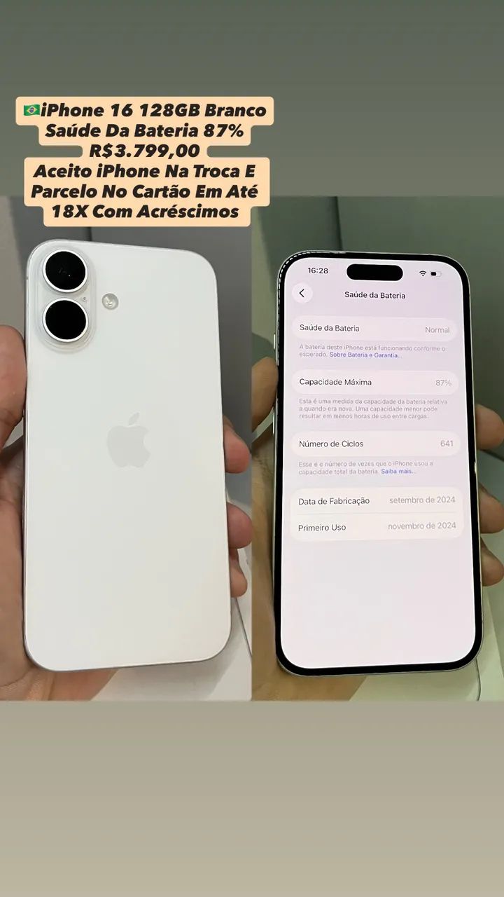 iPhone 16 128GB Branco - Saúde Da Bateria 87% (Usado)