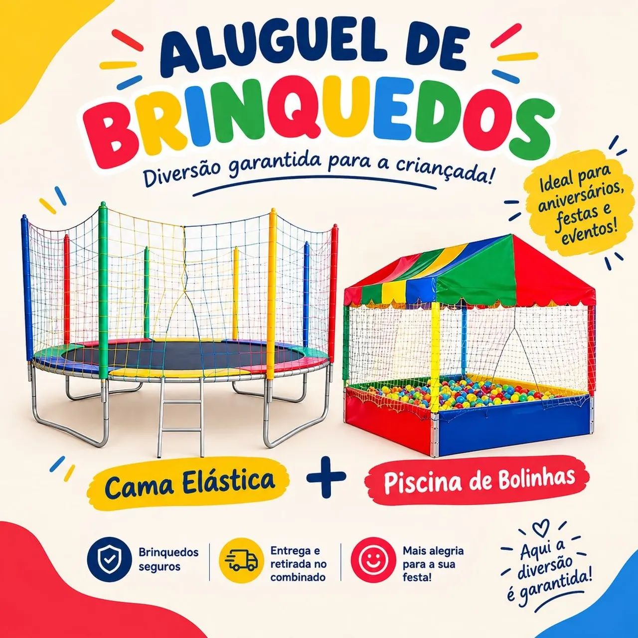 Aluguel de Brinquedos: Cama Elástica + Piscina de Bolinhas + BRINDE 