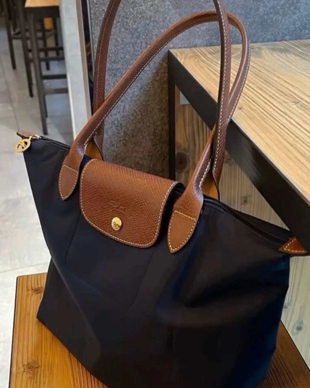 Bolsa tote longchamp le Pliage com acabamento em couro 
