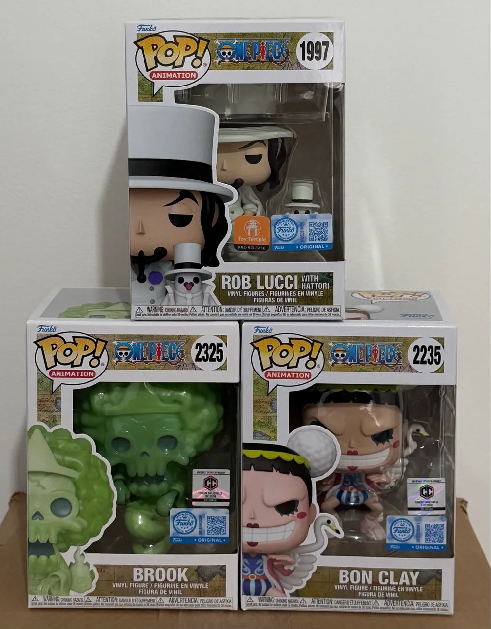 Funkos Bon Clay, Brook Ghost e Rob Lucci com Hattori One Piece Exclusivos Pré release 