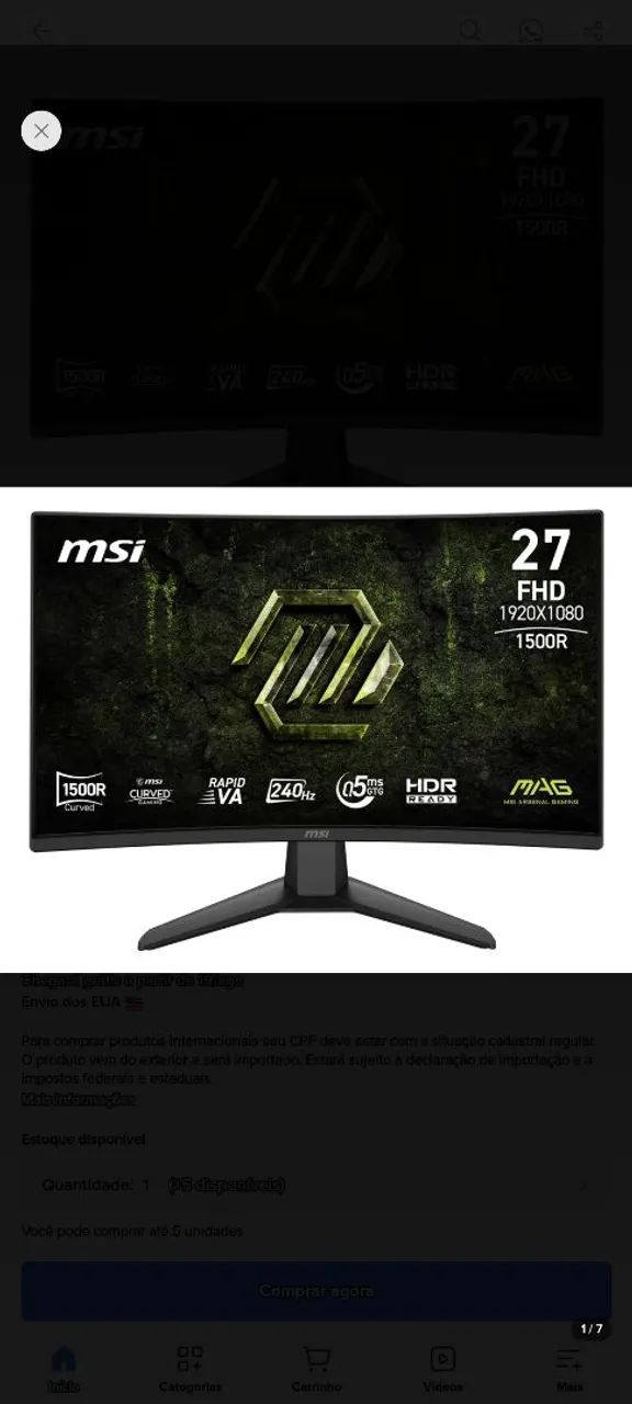 Monitor Gamer  Msi 27 Polegadas, Curvo, 240 Hz, Fhd, 0,5 Ms