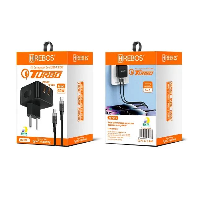  Kit Carregador Hrebos Dual USB-C 20W + Cabo Lightning (Turbo) - Foto 3