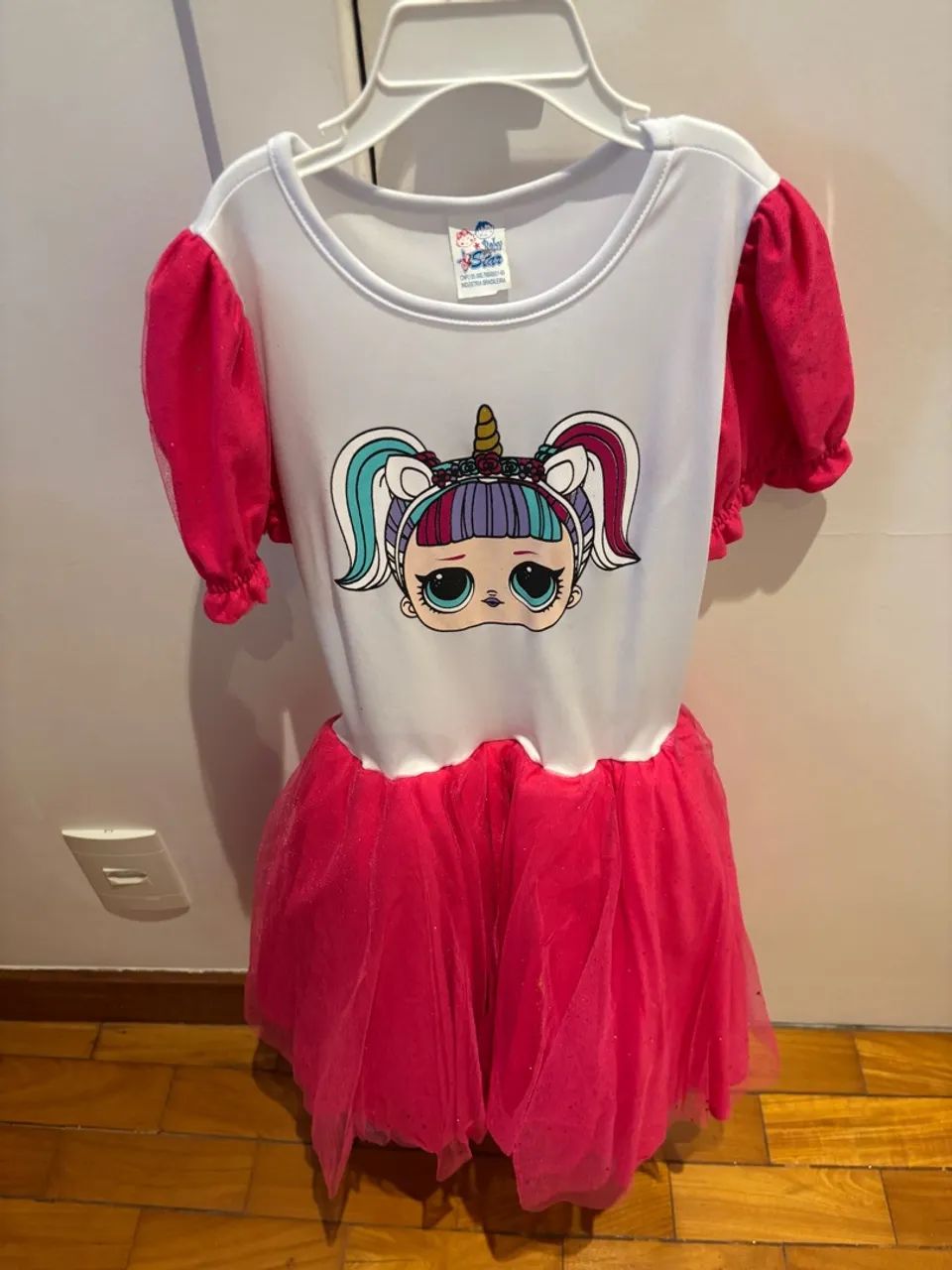 Fantasia da LOL infantil com tutu com glitter e manga pink e com glitter