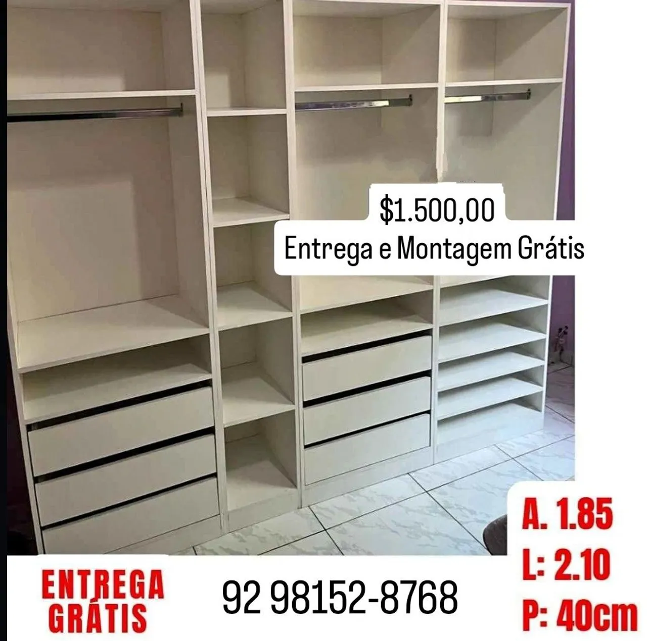 CLOSET CASAL com sapateira 40 profundidade