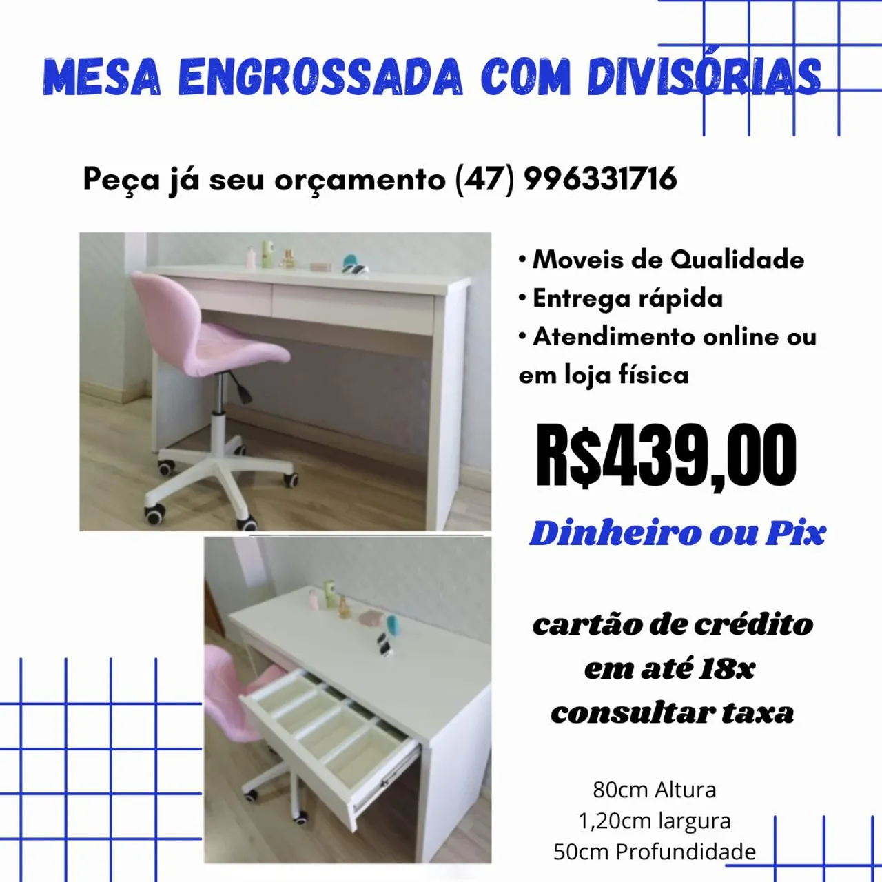 Mesa Engrossada Branca com Gaveta Divisórias - Nova