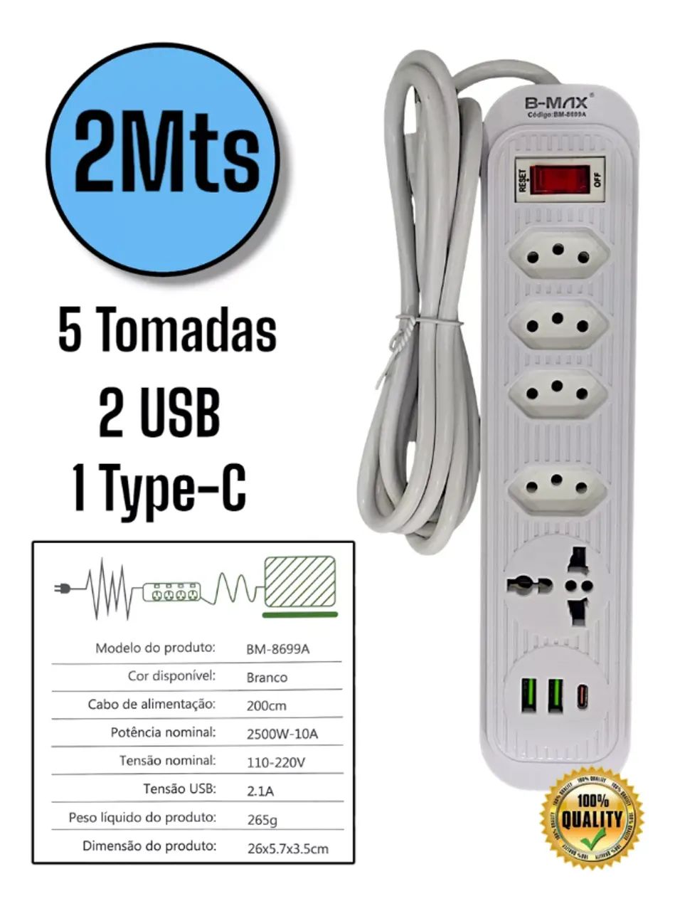 Extensão Filtro De Linha 5 Tomadas 2usb 1type-c Universal - Foto 2