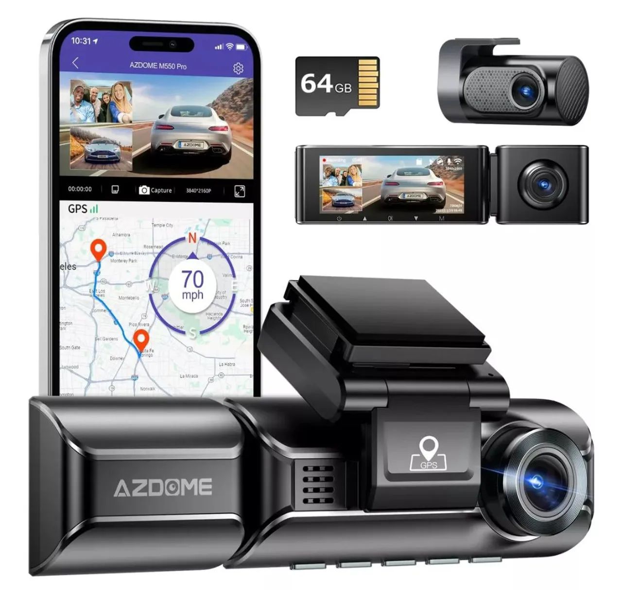 Câmera Veicular AZDOME M550 Pro 4K GPS 64GB 3 Canais 