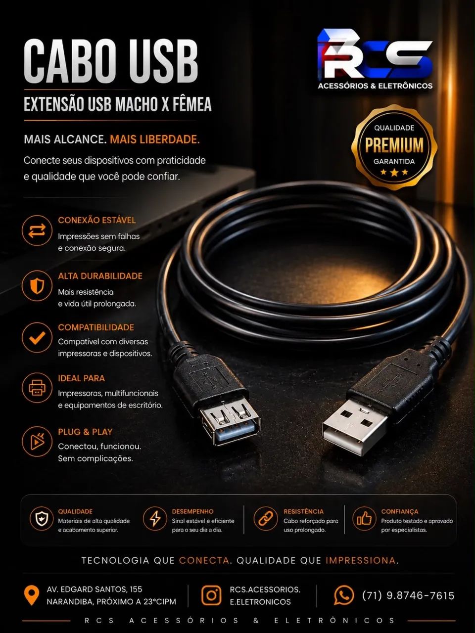 Cabo Extensor USB com Entrada Fêmea e Saída Macho USB