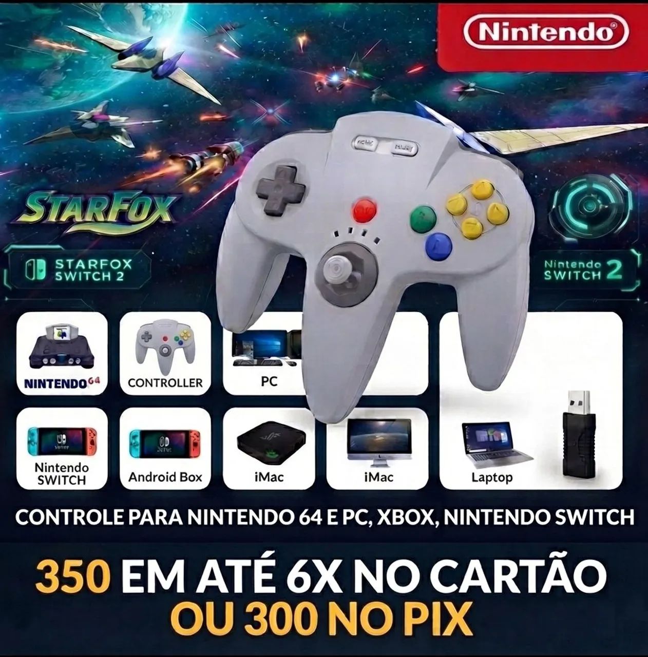 Controle para Nintendo 64, Nintendo switch,Pc e Xbox  em até 12X sem juros 