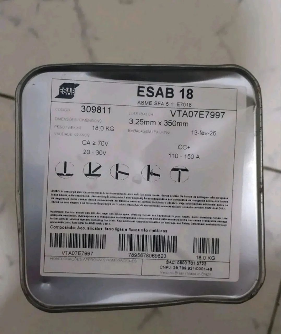 18 kgs Eletrodo ESAB 3,25mm 7018 em promoção!