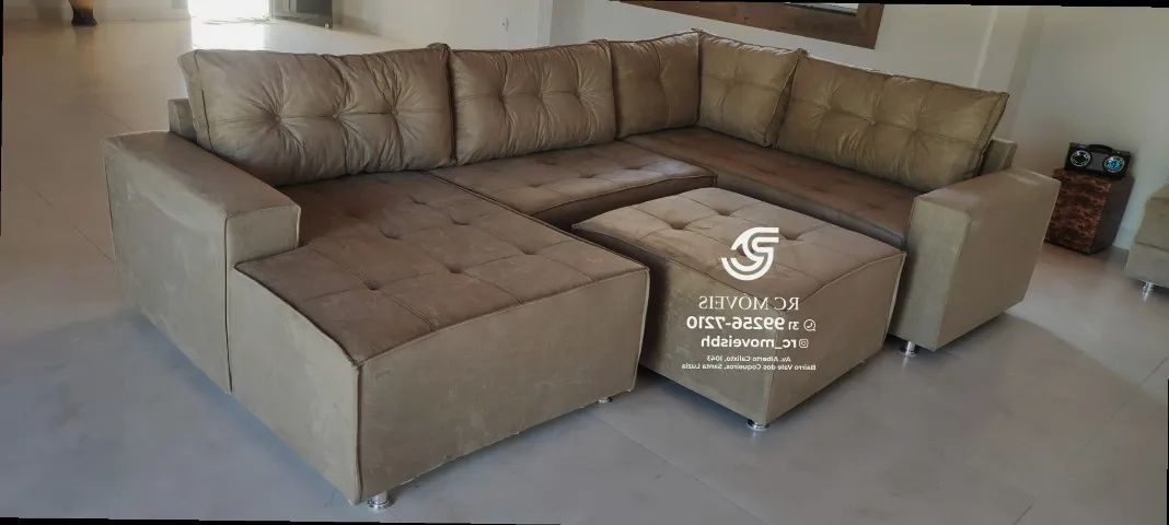 Sofá de canto Grande 3,10m com Chaise e Puff veludo macio D33 Premium - Foto 3