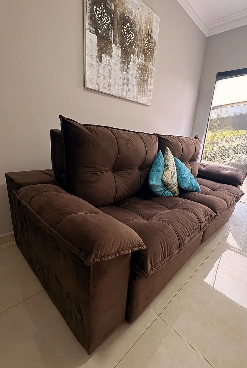 SOFÁ RETRÁTIL RECLINÁVEL MARROM VELUDO 2,80? - Foto 3