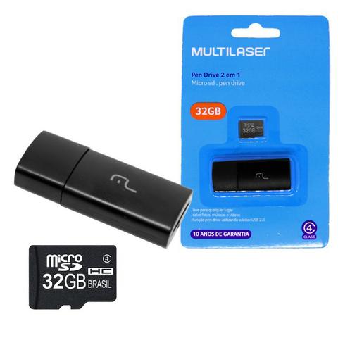 Cartão de Memória Micro Sd 32Gb com Adaptador Usb Mc173 Multilaser 2x1 Classe 4 Pen Drive