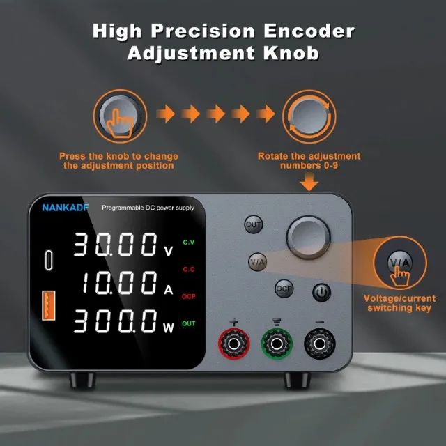 Fonte de Laboratório/Bancada ajustável DC 30v/10amp 4 Digitos, USB A, USB C. - Foto 3