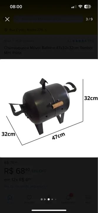 Churrasqueira Móvel Bafinho 47x32x32cm Tambor Mini Preta - Foto 2