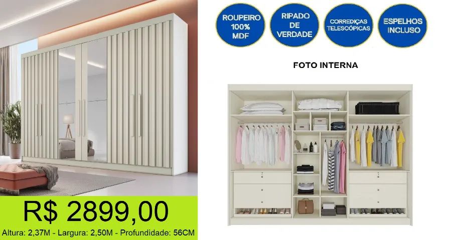 Roupeiro com espelho e portas ripadas - 100% MDF - Foto 2