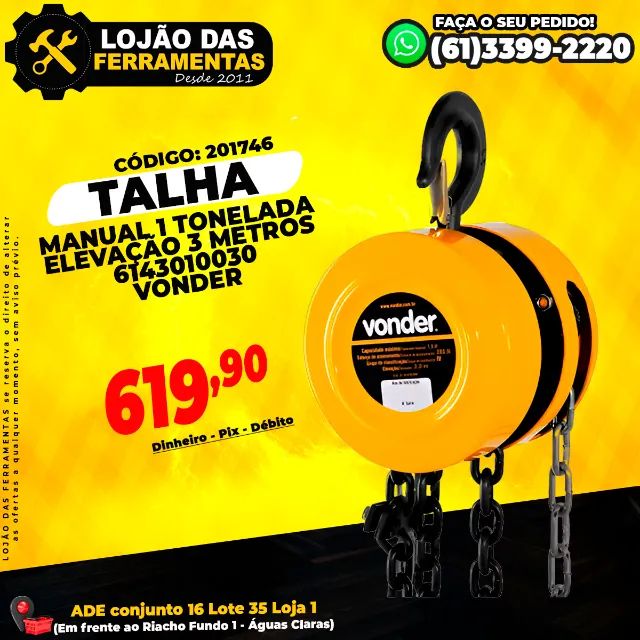 Talha Manual 1 Tonelada Elevação 3 Metros 6143010030 Vonder