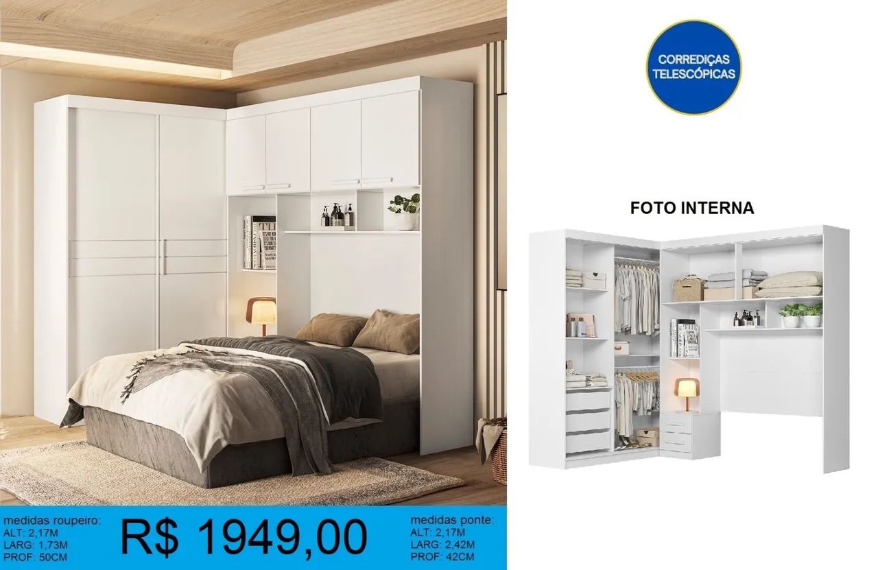 Guarda-roupa formato em L para imbutir cama