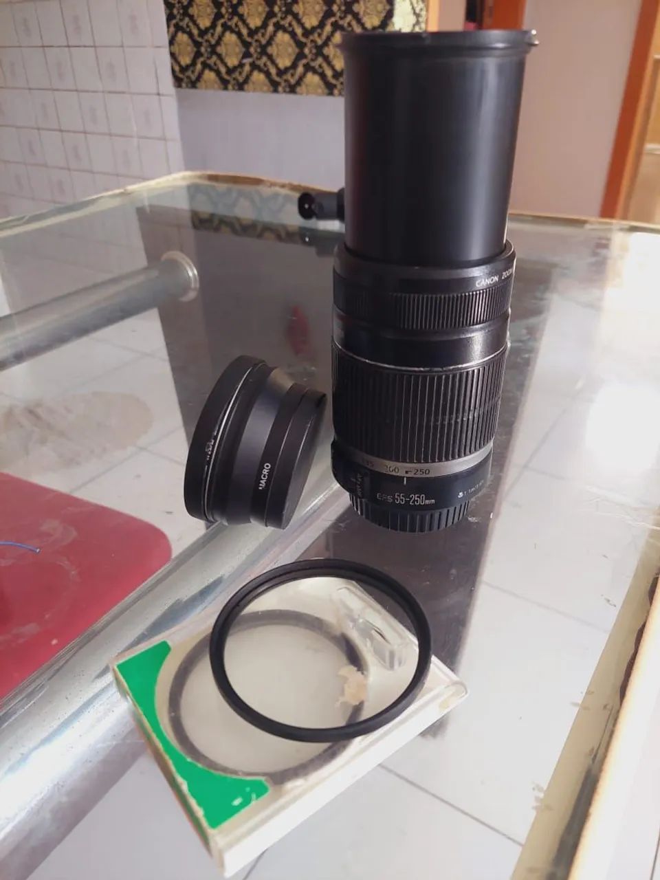 Lente Canon 55-250mm mais adaptador macro e grande angular 