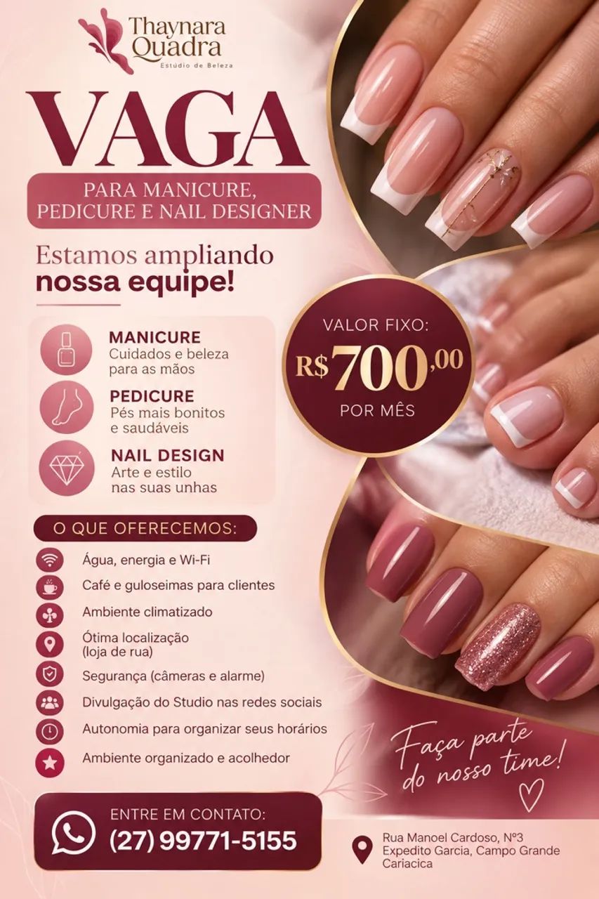 Vaga para manicure e Nail Desing 