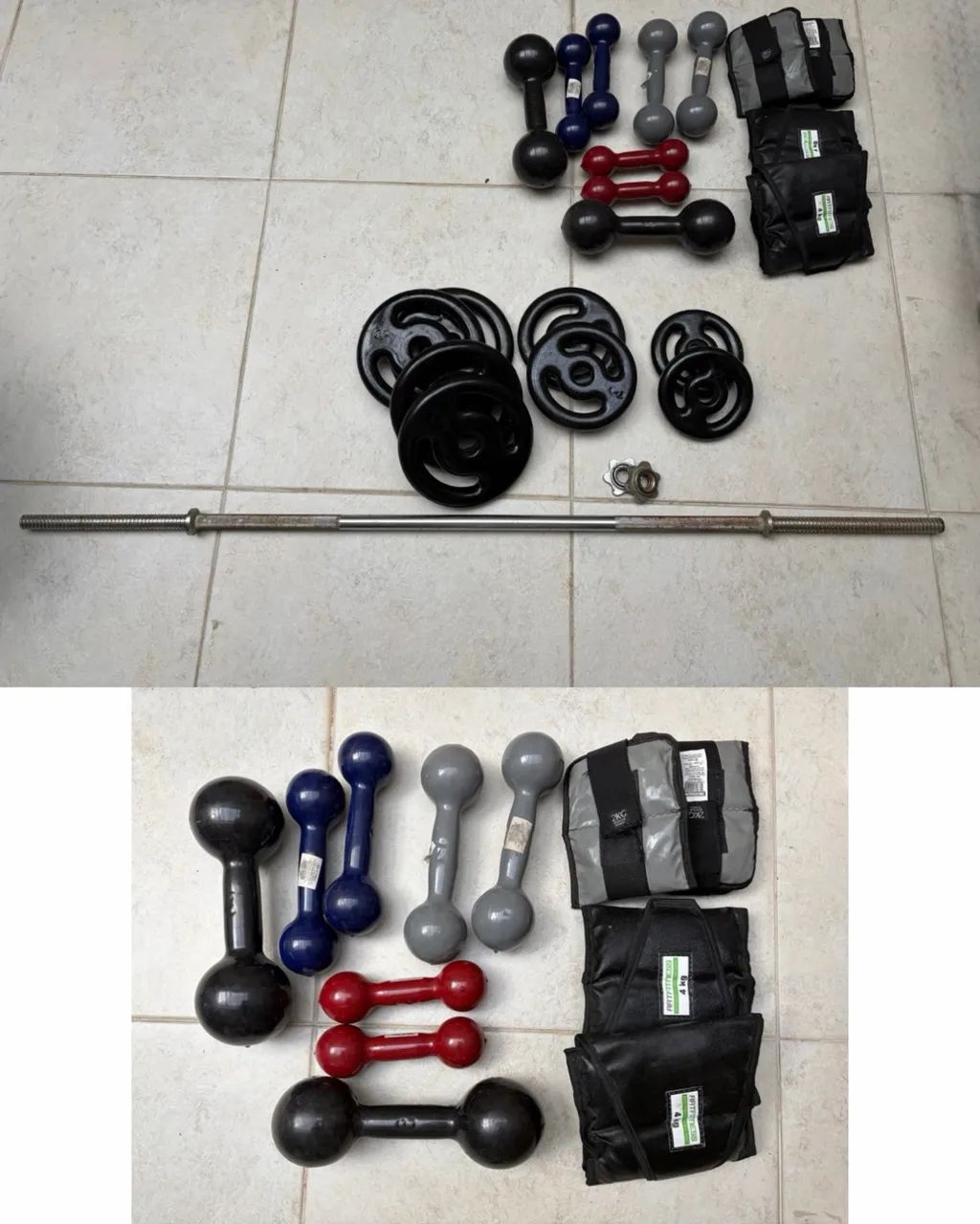 Caneleira, halteres, barra e anilhas - kit