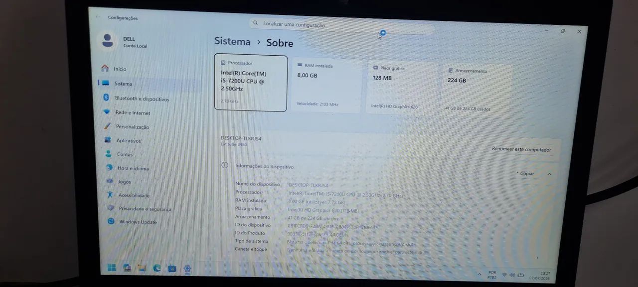NOTEBOOK DELL CORE I5 7° GERAÇÃO DDR4 